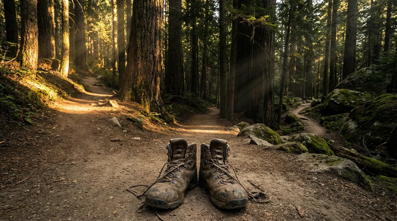 Low angle view of hiking boots before three diverging paths in a sunlit forest.