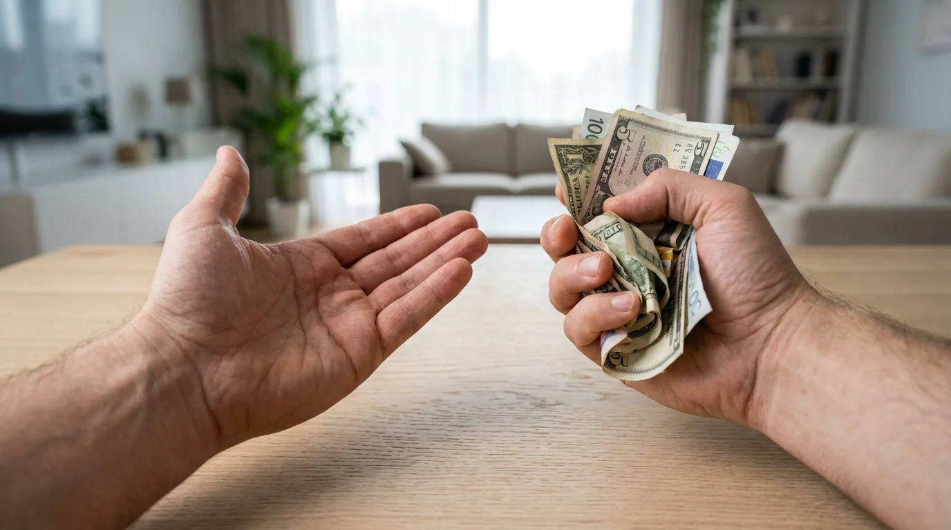 Low angle view of one empty hand and one hand holding a large wad of cash.