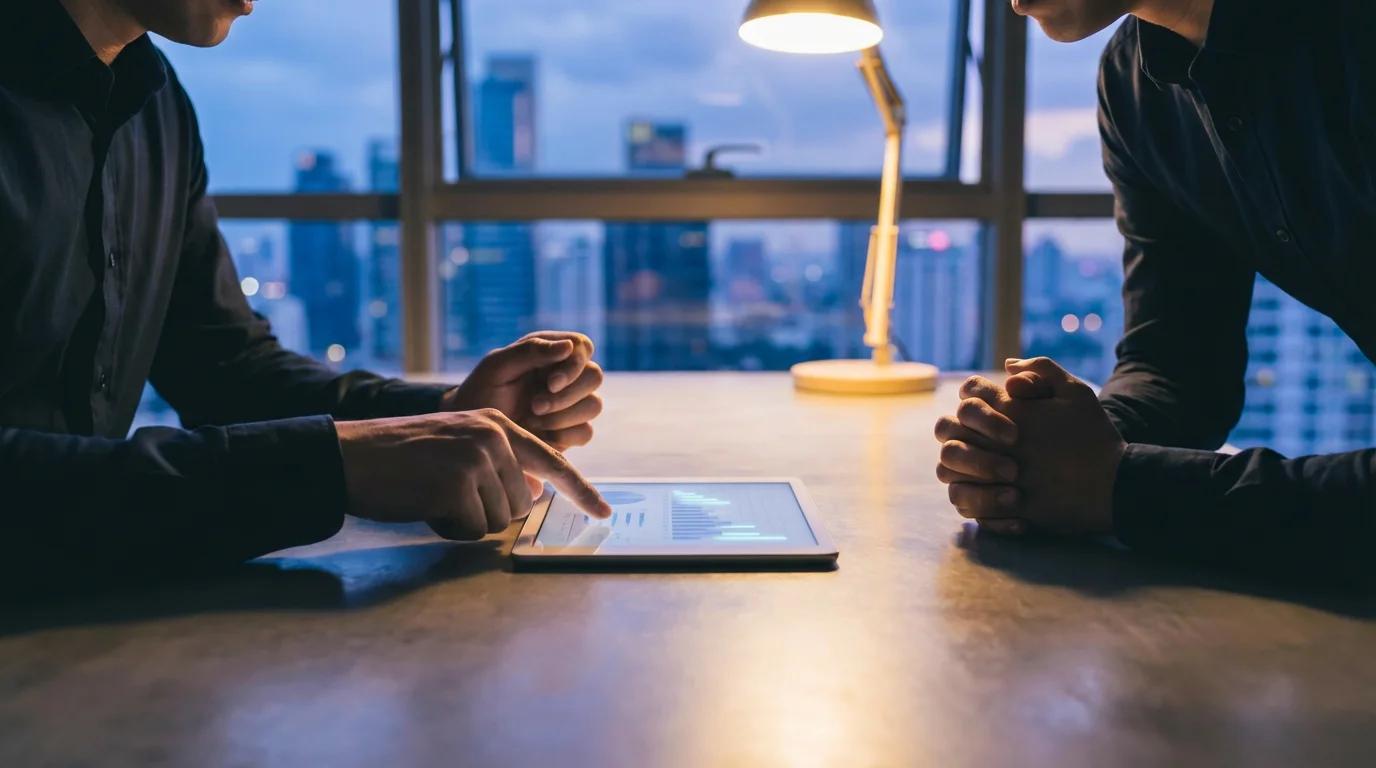 Low angle view of two people in a professional financial consultation at a desk.