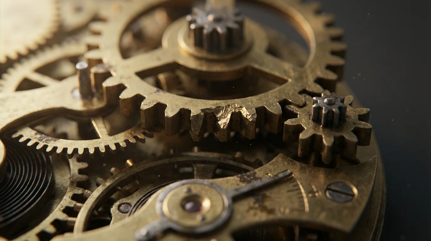 Macro photo of a broken tooth on a brass gear jamming a clockwork mechanism.