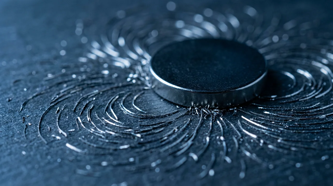 Macro photo of a magnet automatically attracting small metal shavings on a dark surface.