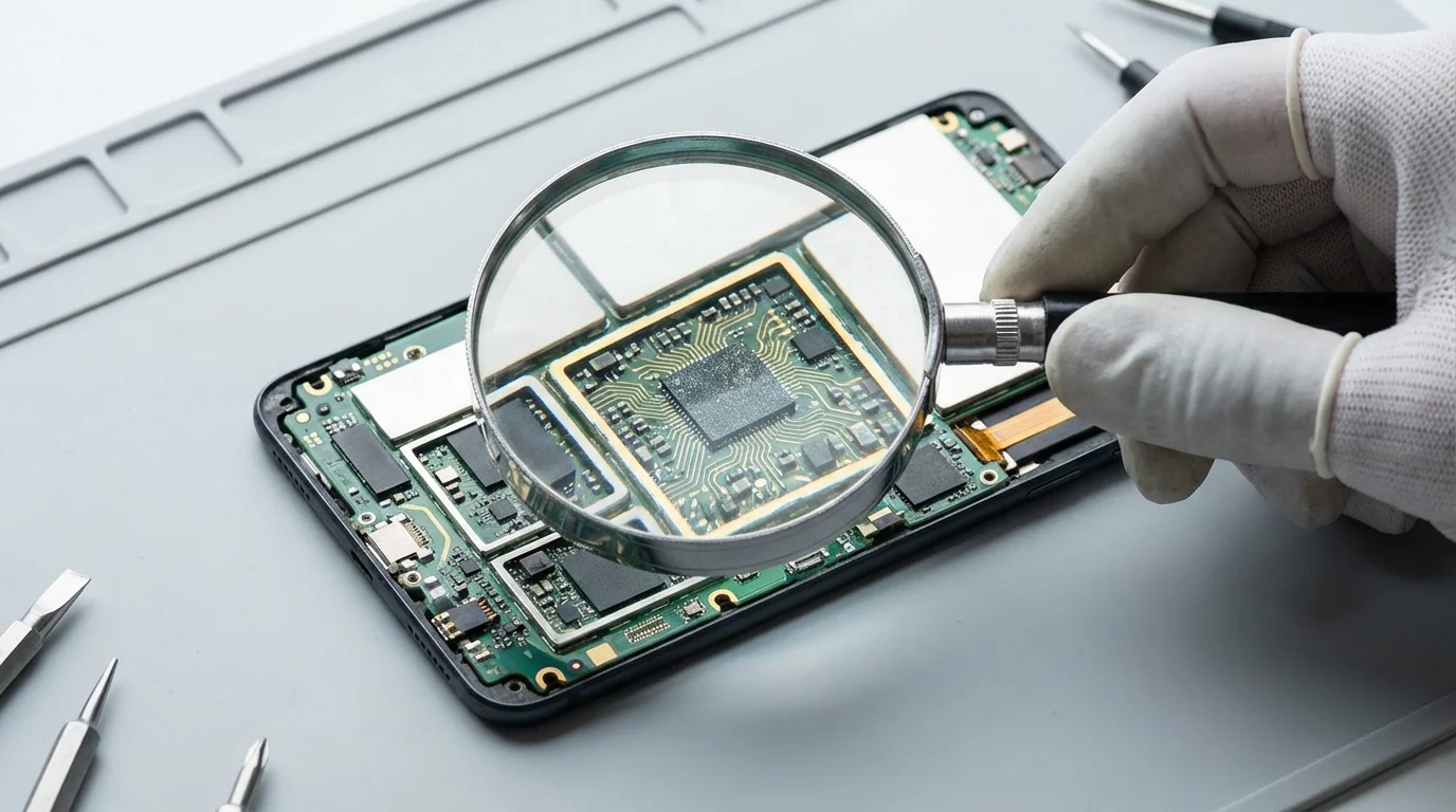 Macro photo of a magnifying loupe inspecting a clean electronic logic board.