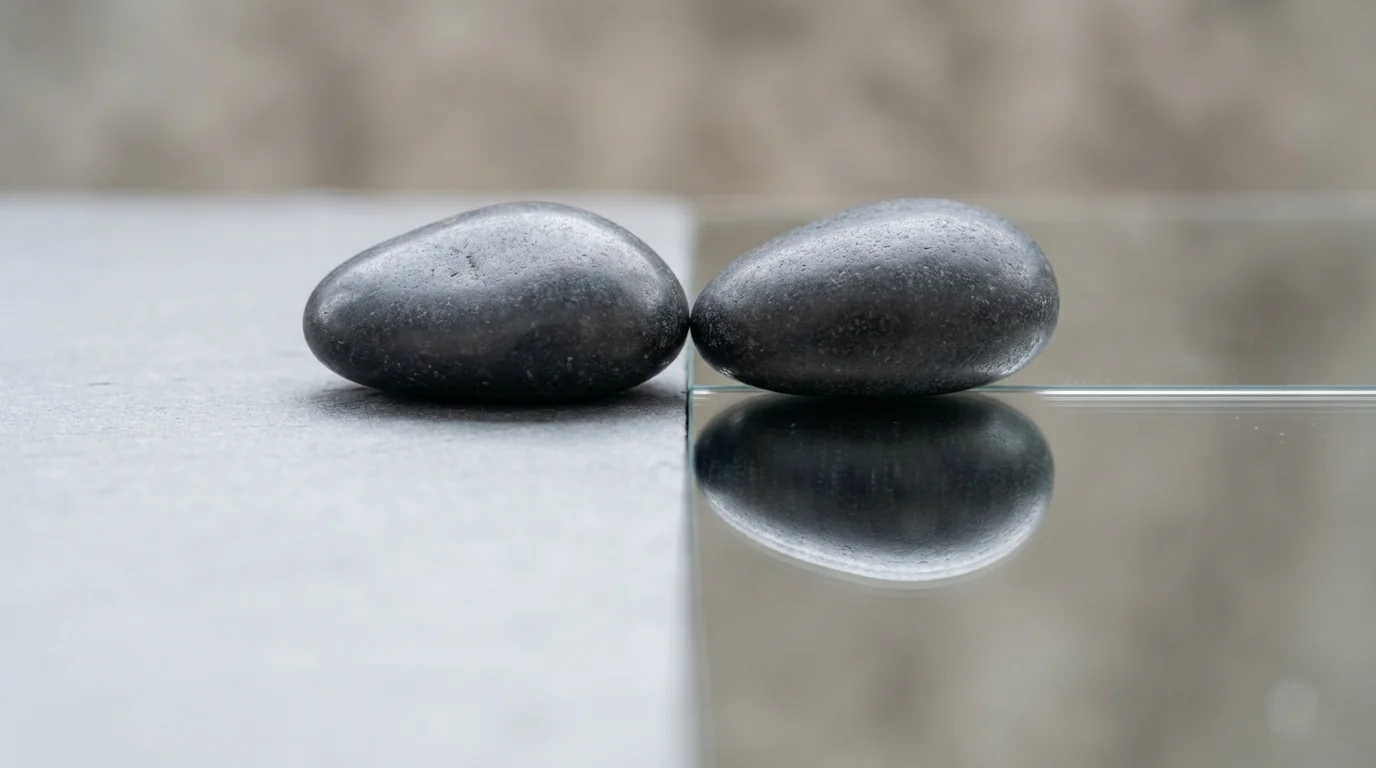 Macro photo of a single stone and its perfect reflection, appearing as two stones.