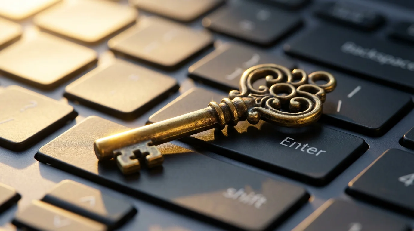 Macro photo of a vintage brass key resting on a modern laptop's enter key.