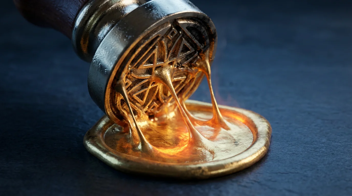 Macro photo of an ornate metal stamp making a beautiful gold wax seal.
