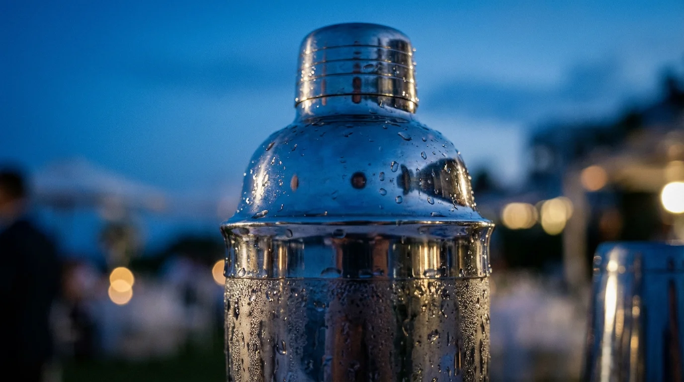 Macro photo of condensation on a silver cocktail shaker at an evening event.