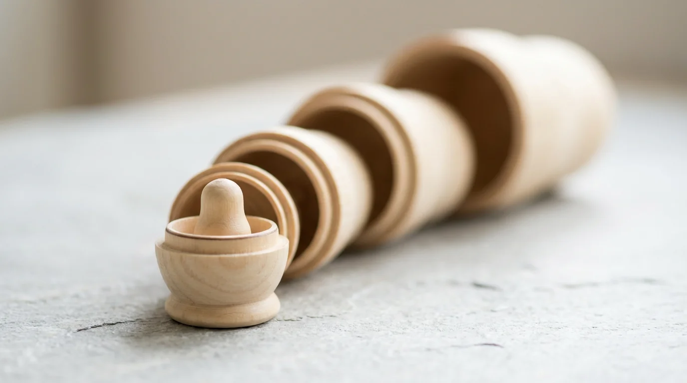 Macro photo of minimalist wooden nesting dolls, symbolizing compounding interest and financial growth.