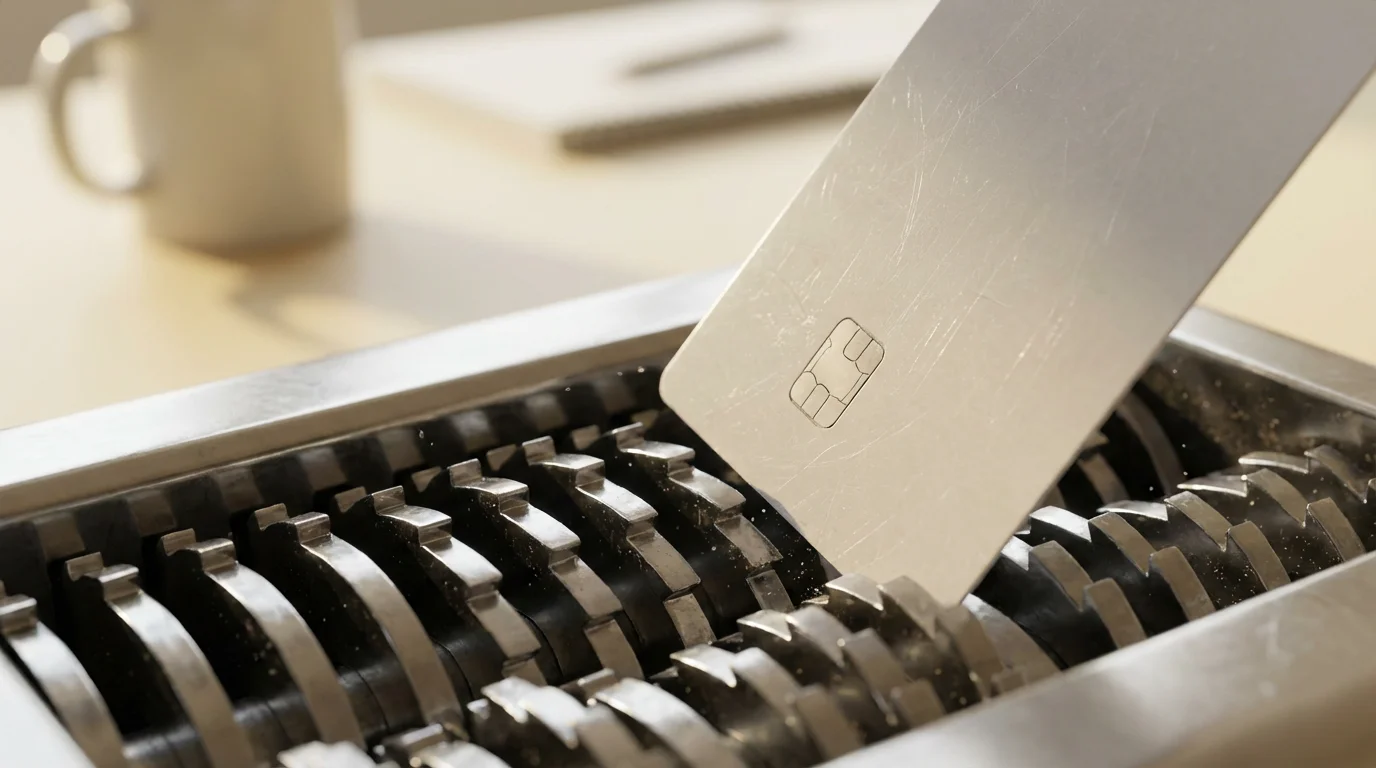 Macro photograph of a generic credit card entering the blades of a paper shredder.
