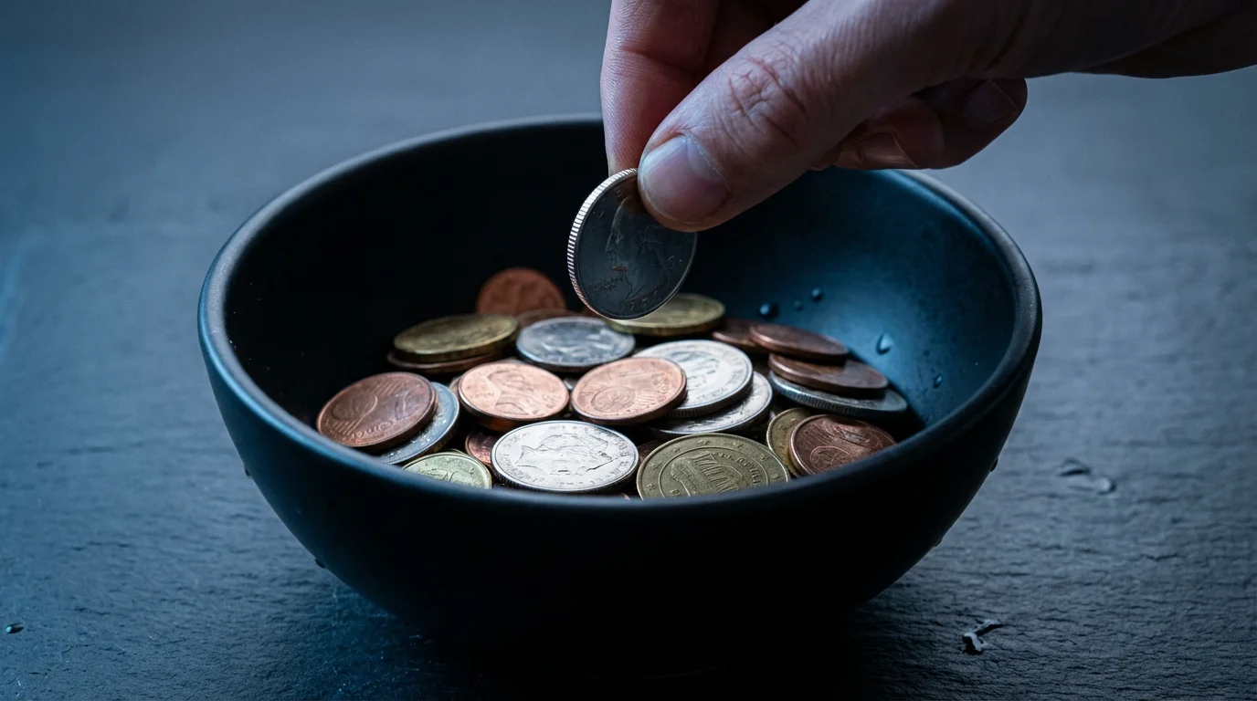 Macro photograph of a hand dropping a coin into a dark ceramic bowl.