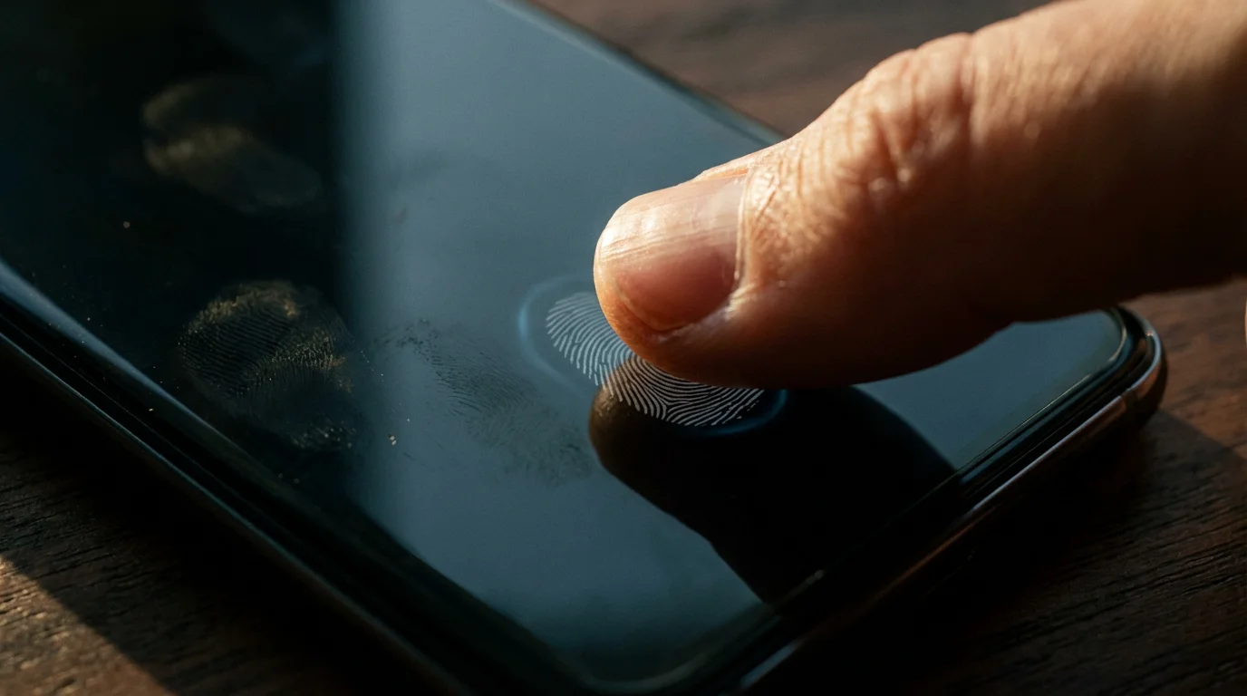 Macro photograph of a thumb pressing a smartphone screen, symbolizing data privacy and security.
