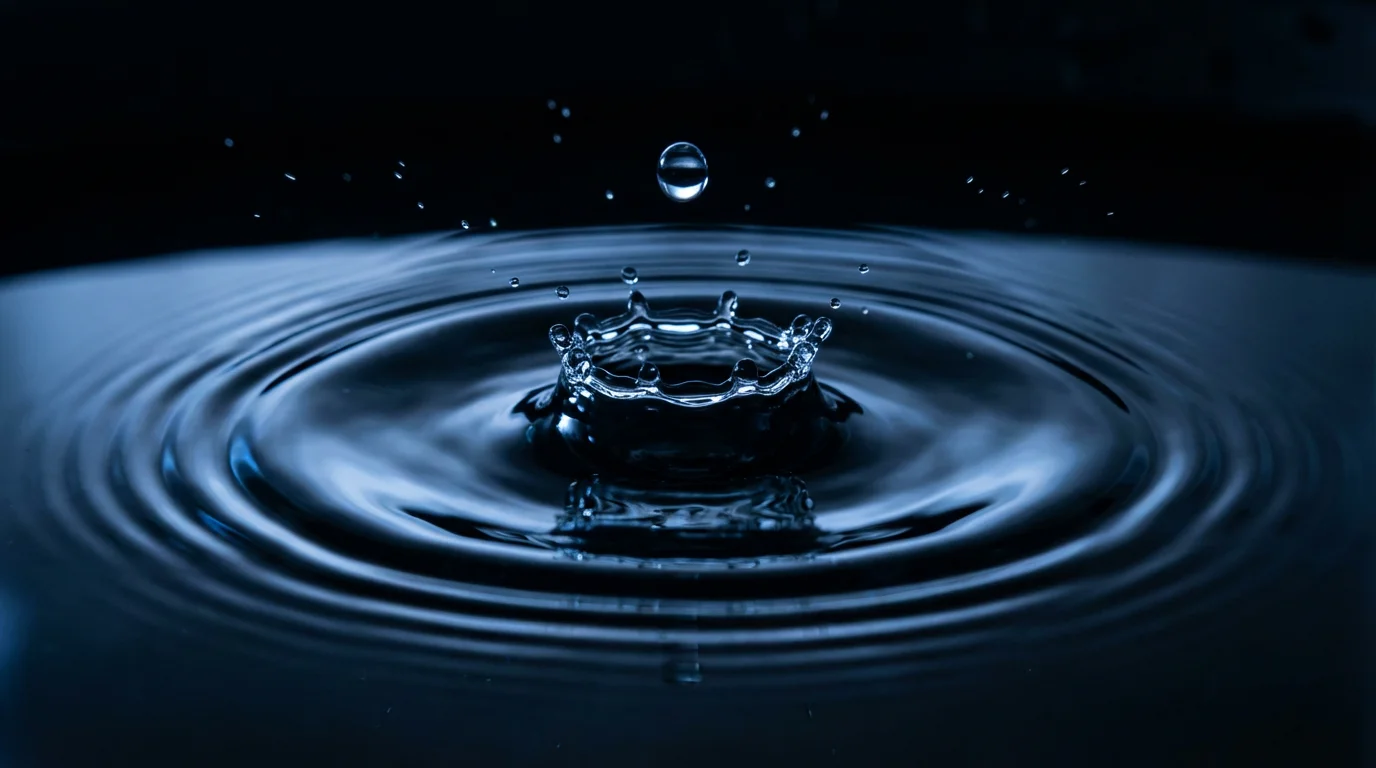 Macro photograph of a water droplet creating ripples on a dark water surface.