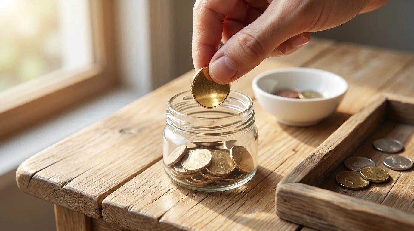 Macro shot of a hand carefully placing a coin into a small glass jar.