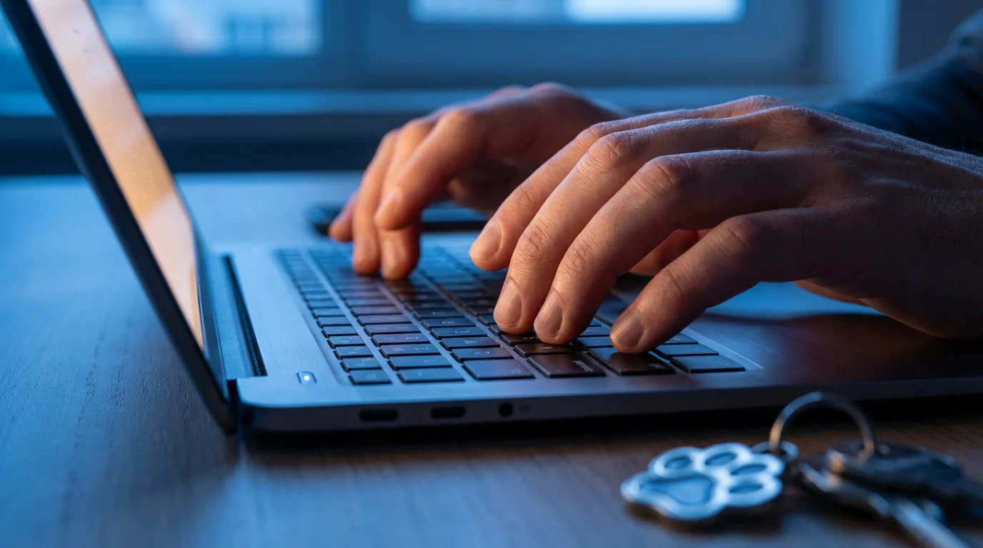 Macro shot of hands typing on a laptop keyboard during blue hour with paw-print keychain.