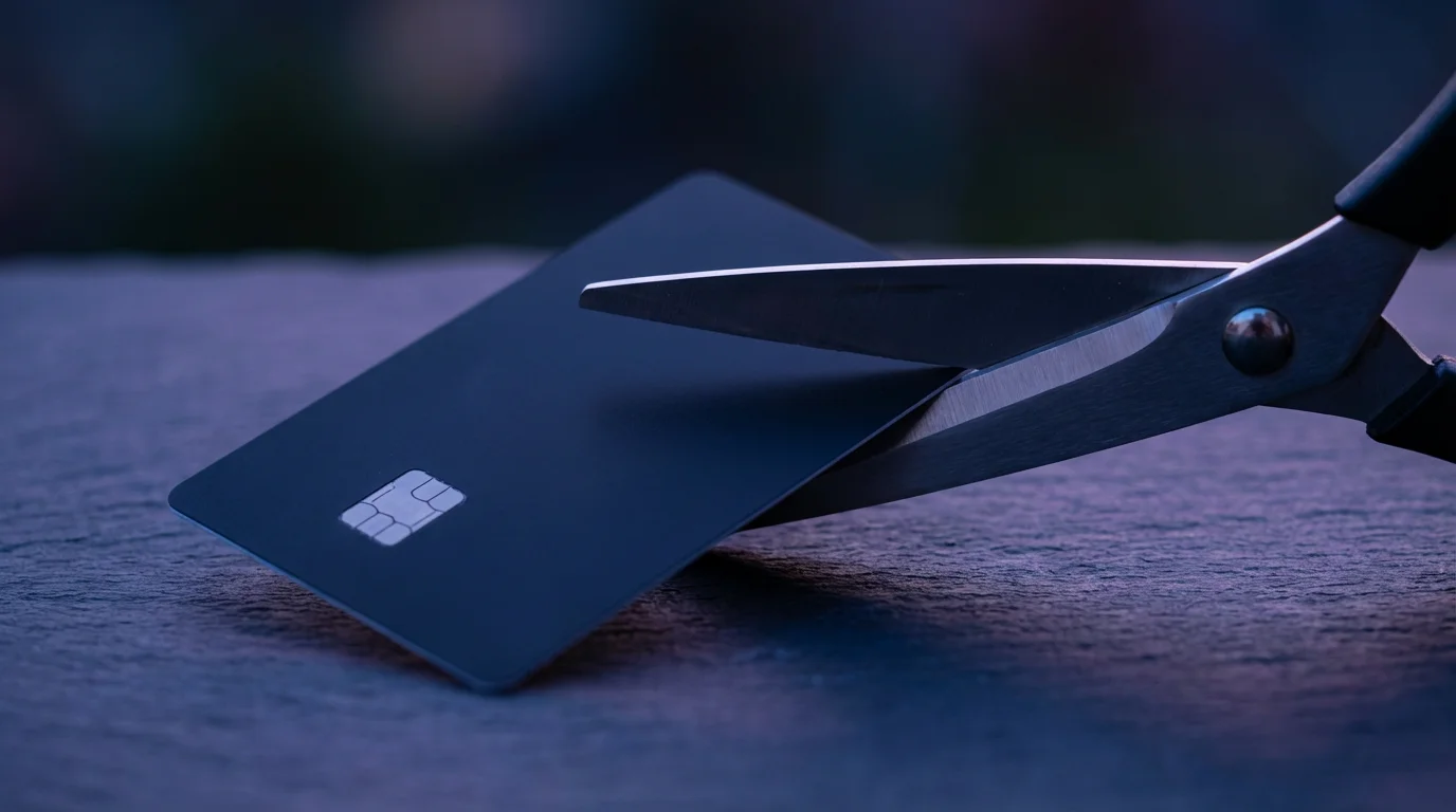 Macro shot of modern scissors about to cut a generic credit card.