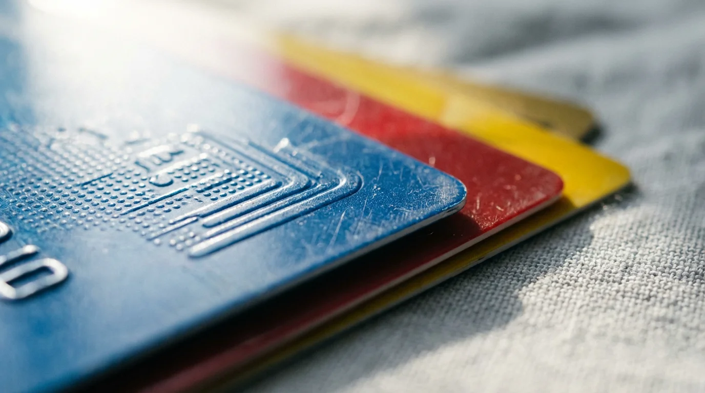 Macro shot of several overlapping, generic, multi-colored store cards representing competitor shopping options.