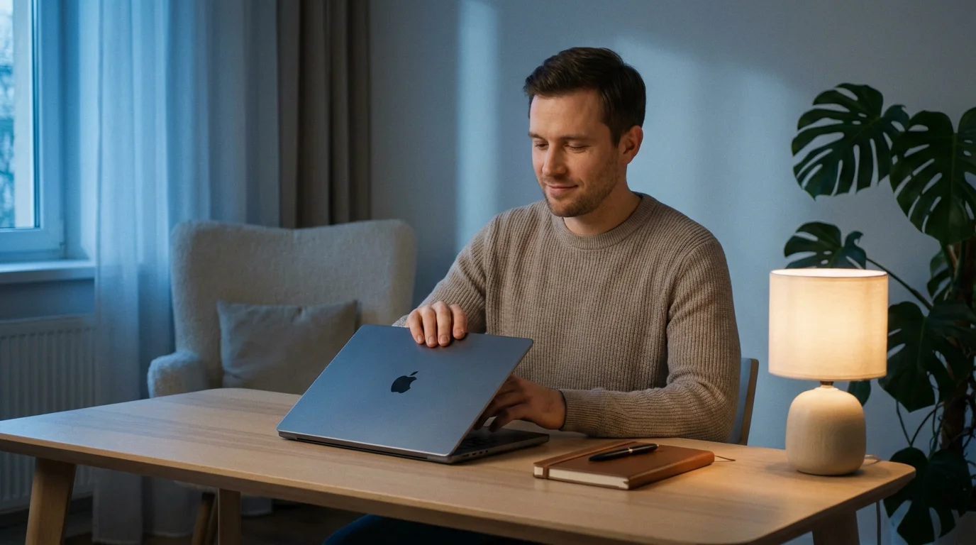 Man at a desk in the evening closing his laptop to finish work.