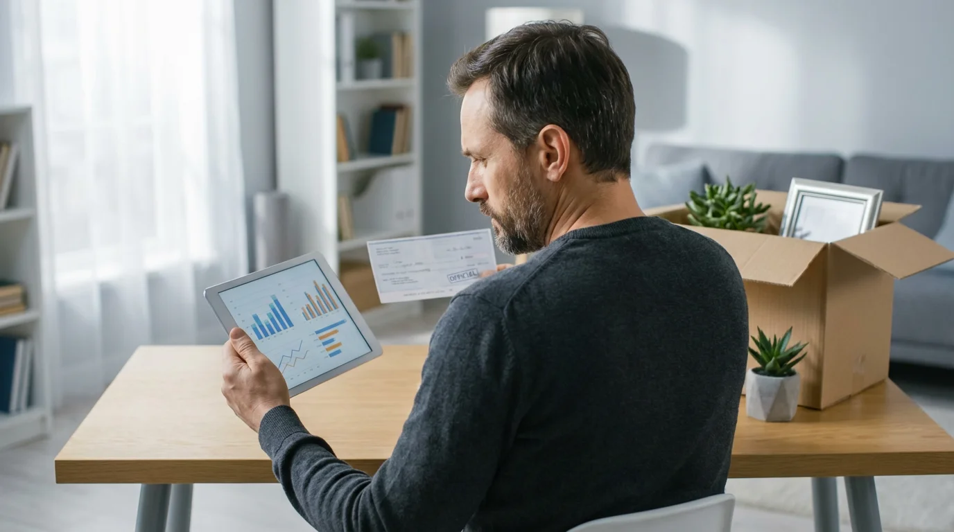 Man at home office desk with tablet and document, contemplating a financial decision.