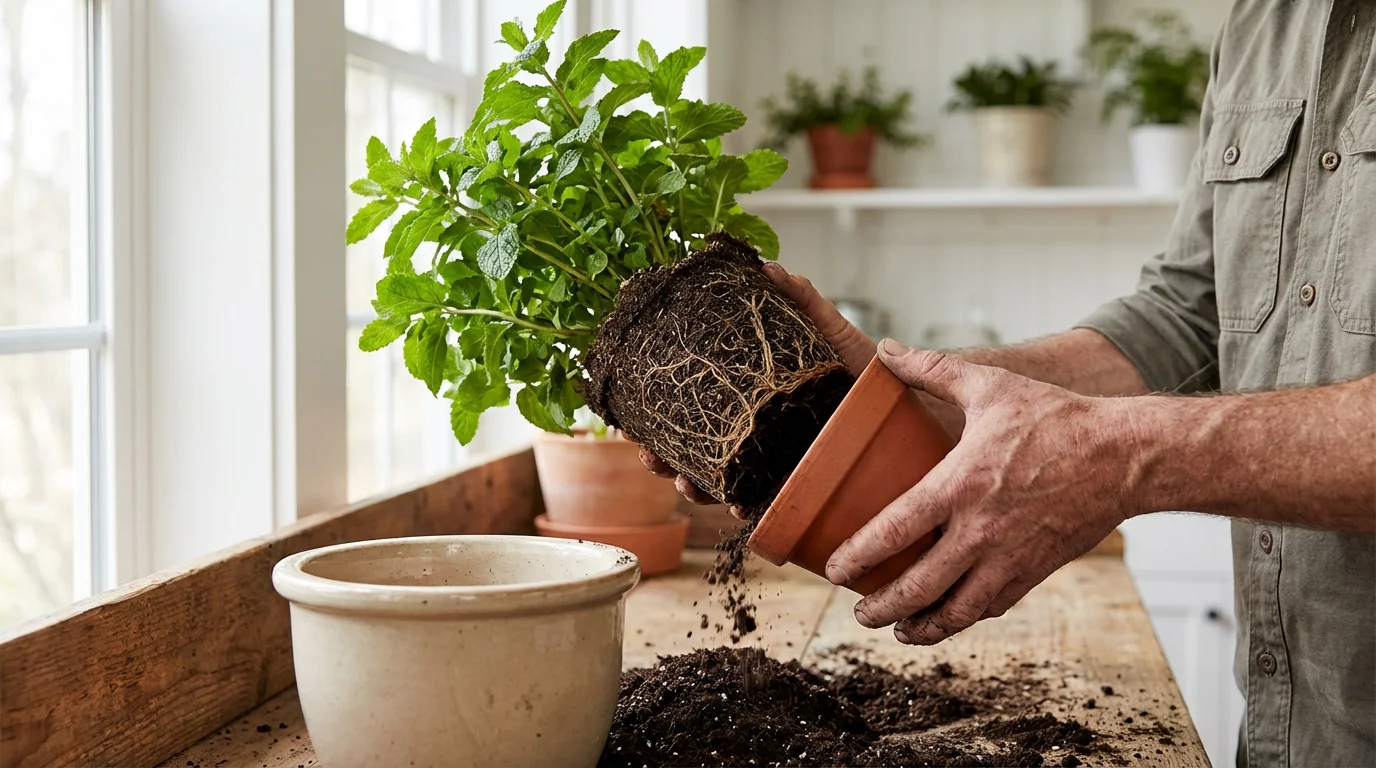 Man's hands carefully moving a healthy plant into a larger pot, symbolizing growth.