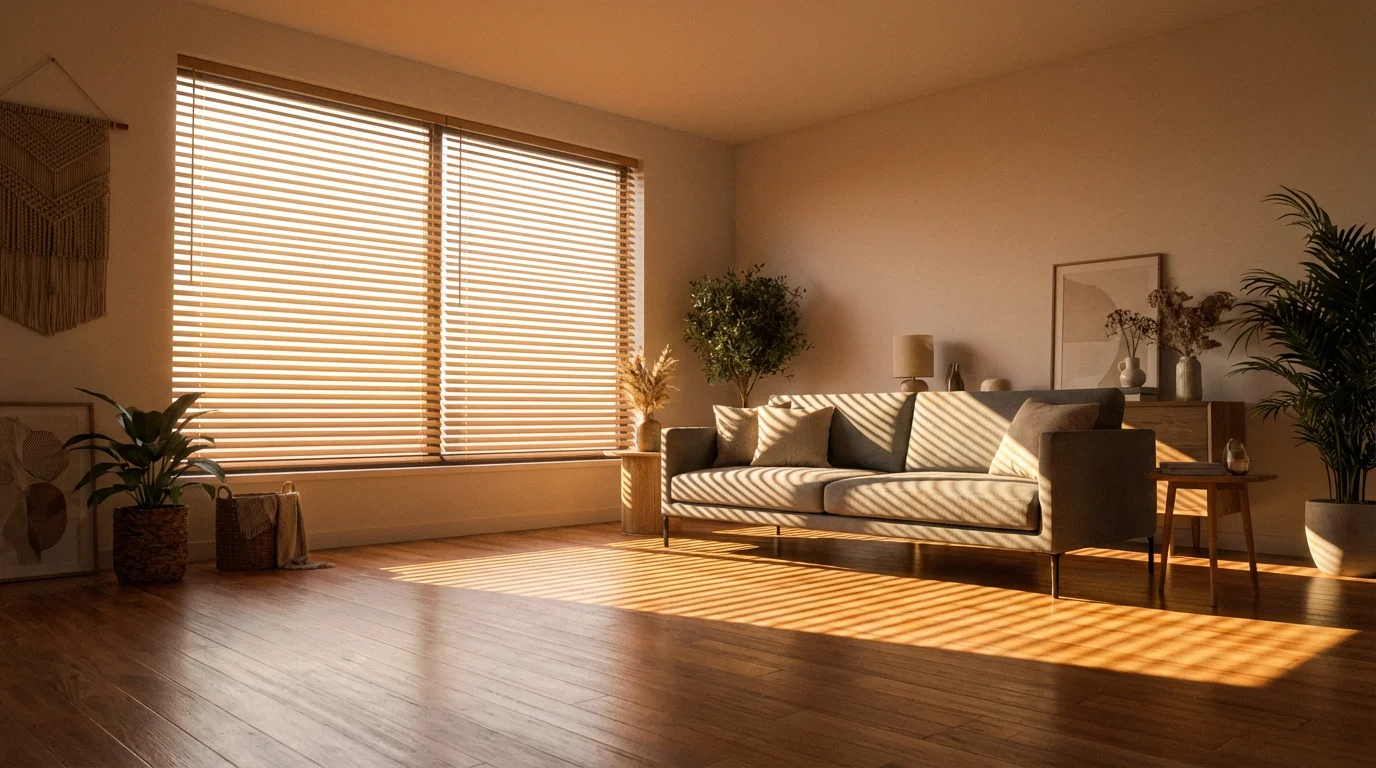 Modern living room at golden hour with sunlight streaming through closed window blinds.