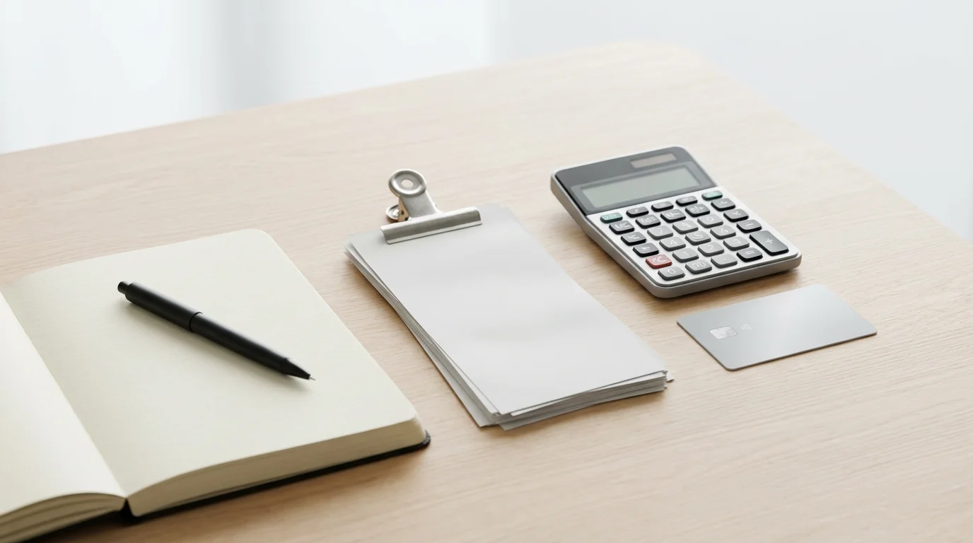Organized flat lay of receipts, a calculator, and a notebook for tracking business expenses.