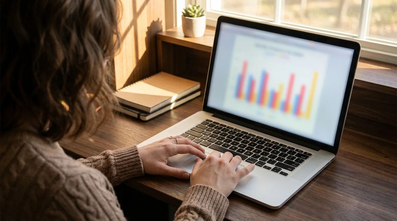 Over-the-shoulder shot of a person at a desk analyzing financial data on a laptop.