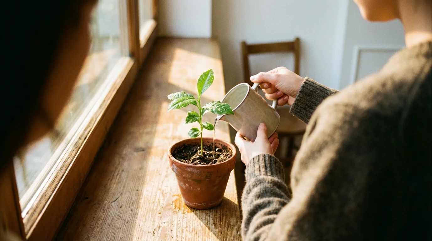 Over-the-shoulder shot of a person watering a small potted sapling in golden hour light.