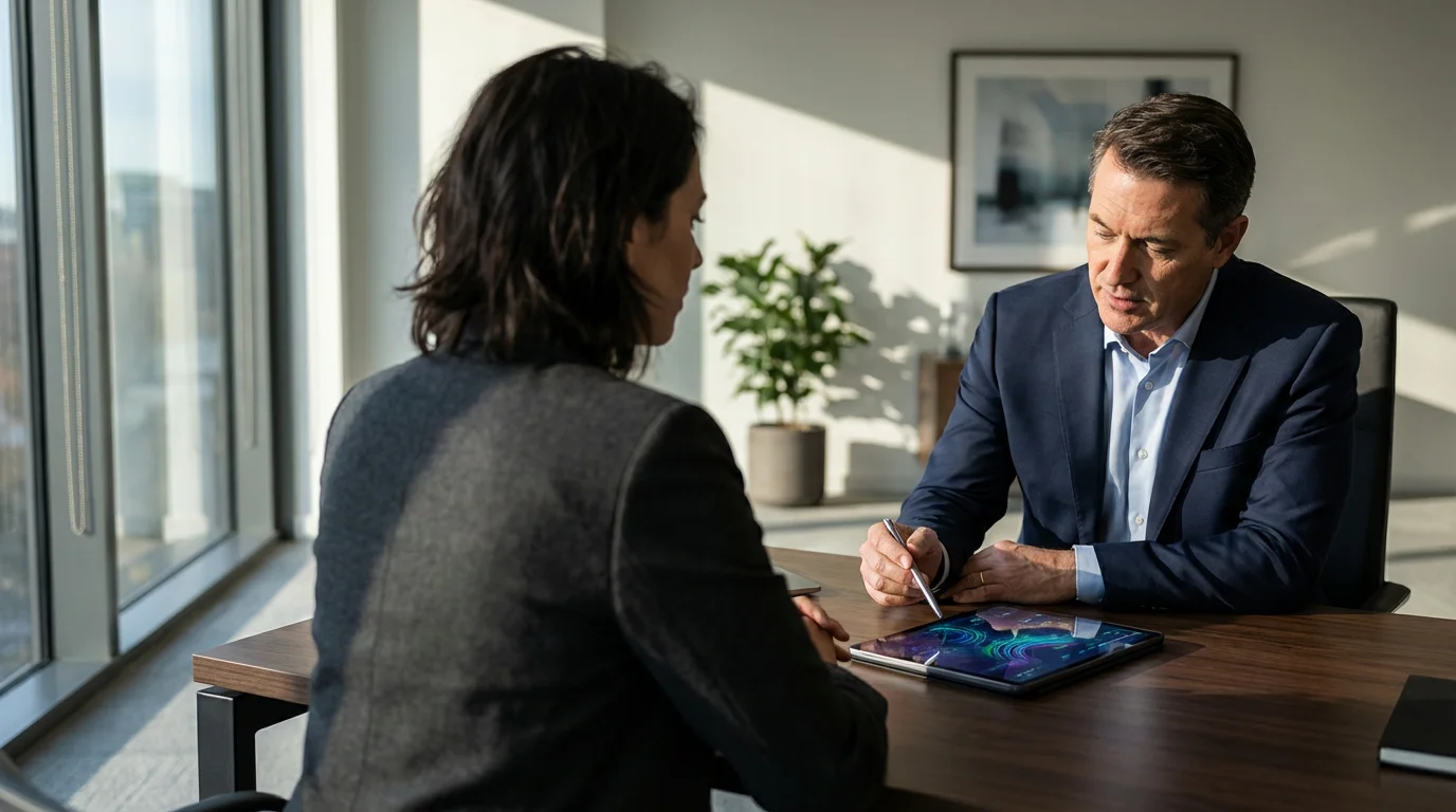 Over-the-shoulder view of a client meeting with a financial professional in a modern office.