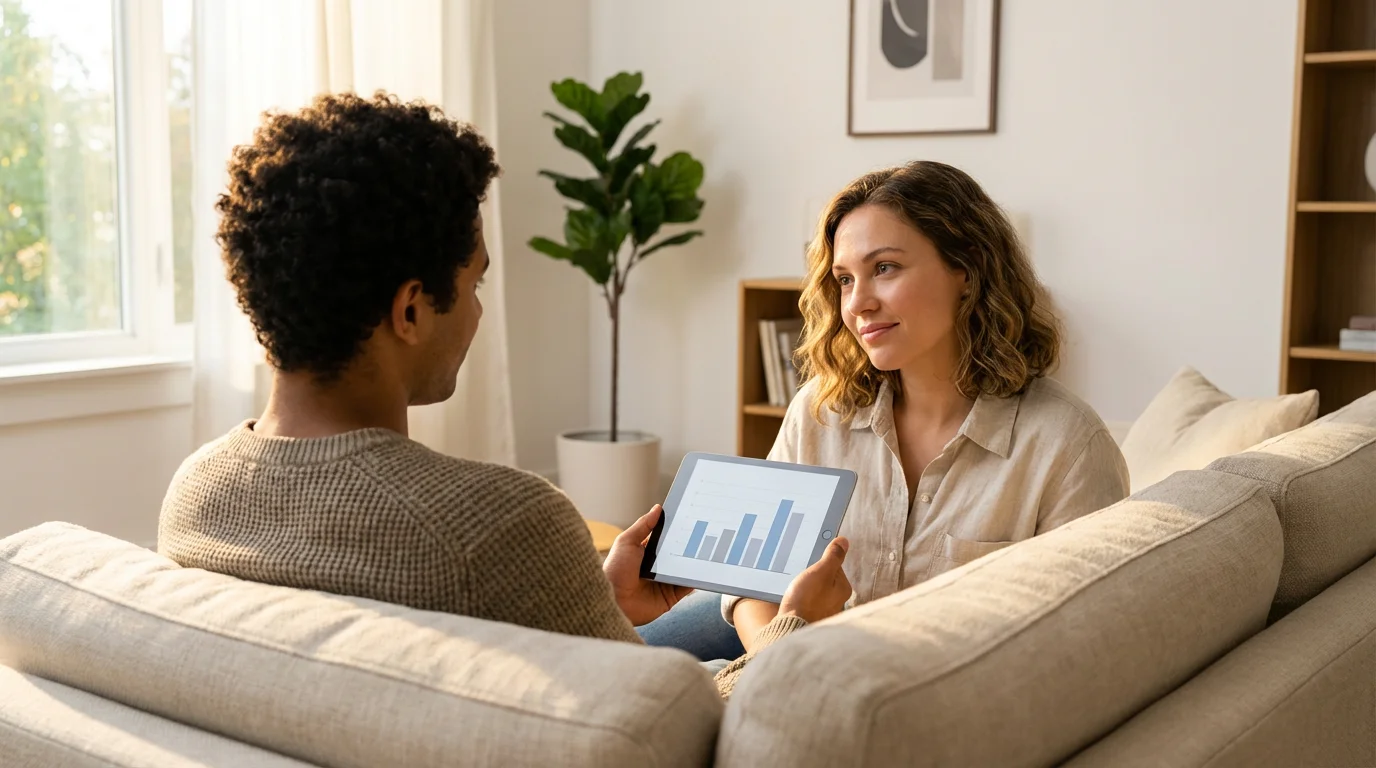 Over-the-shoulder view of a couple calmly discussing finances on a tablet in their living room.