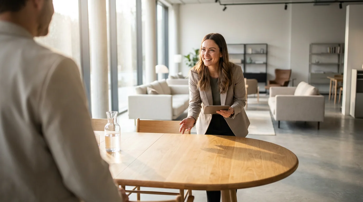 Over-the-shoulder view of a customer negotiating with a salesperson over a floor-model dining table.