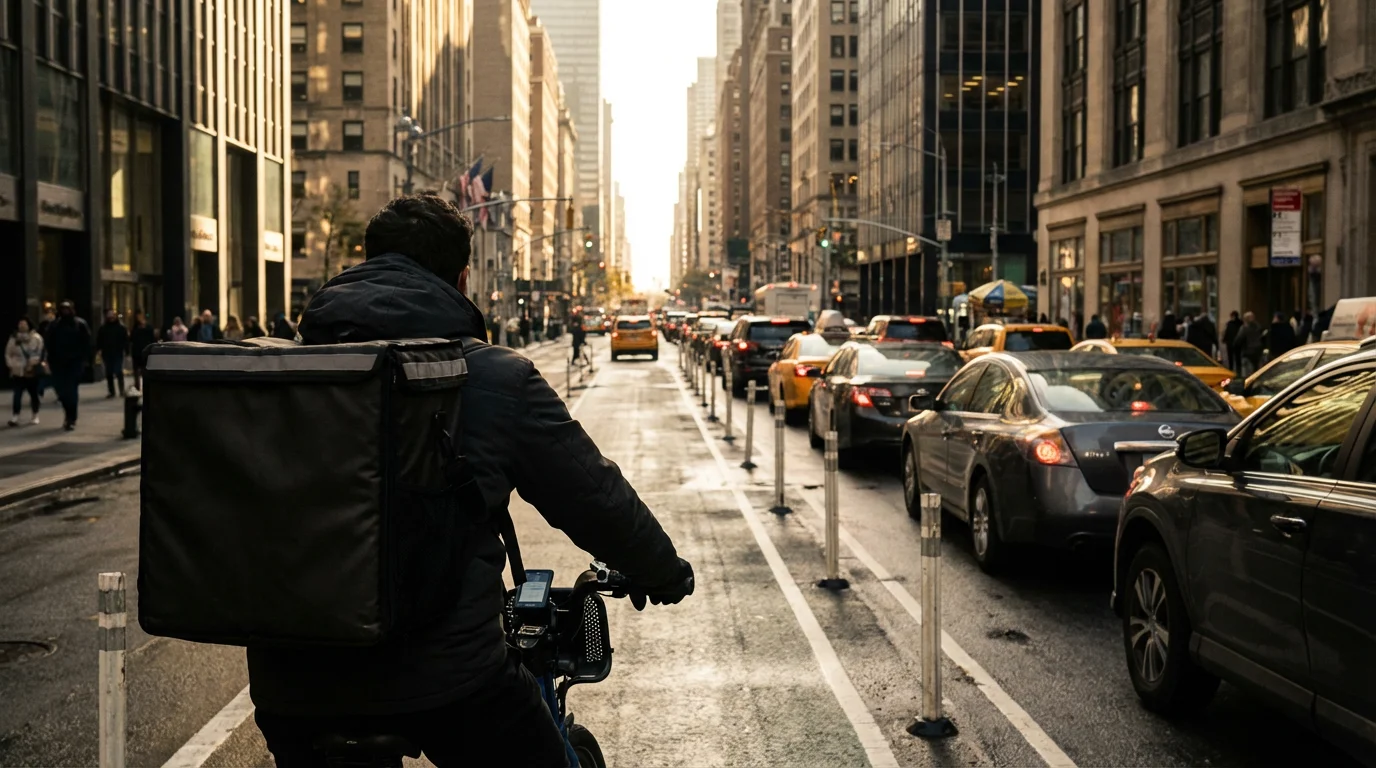 Over-the-shoulder view of a food delivery cyclist on an e-bike passing cars in traffic.