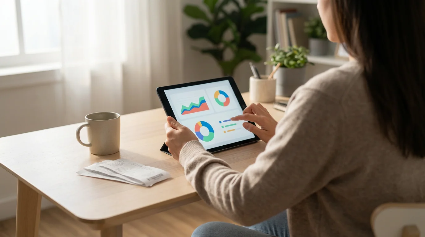 Over-the-shoulder view of a freelancer managing business finances on a tablet at their desk.