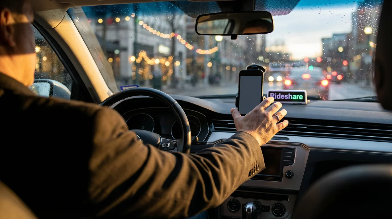 Over-the-shoulder view of a gig economy driver in a car during a moody afternoon.