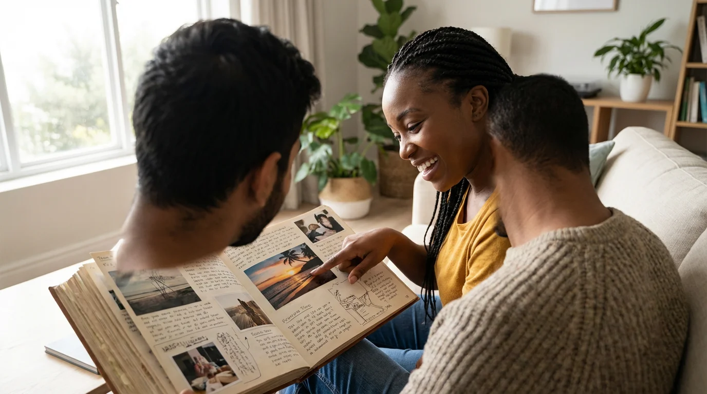 Over-the-shoulder view of a happy couple on a sofa looking at dream vacation photos.