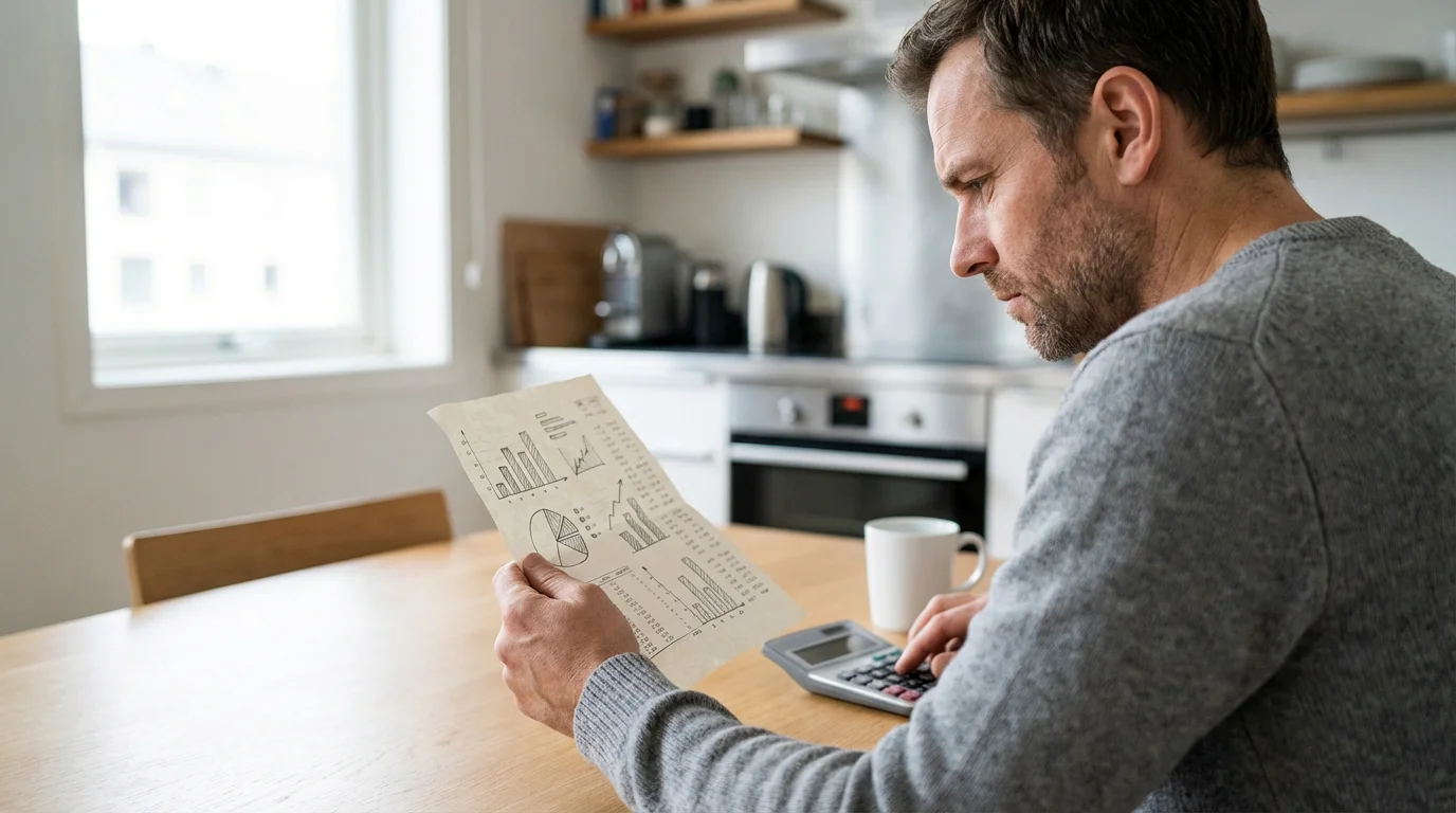 Over-the-shoulder view of a man at a table analyzing charts on a utility bill.