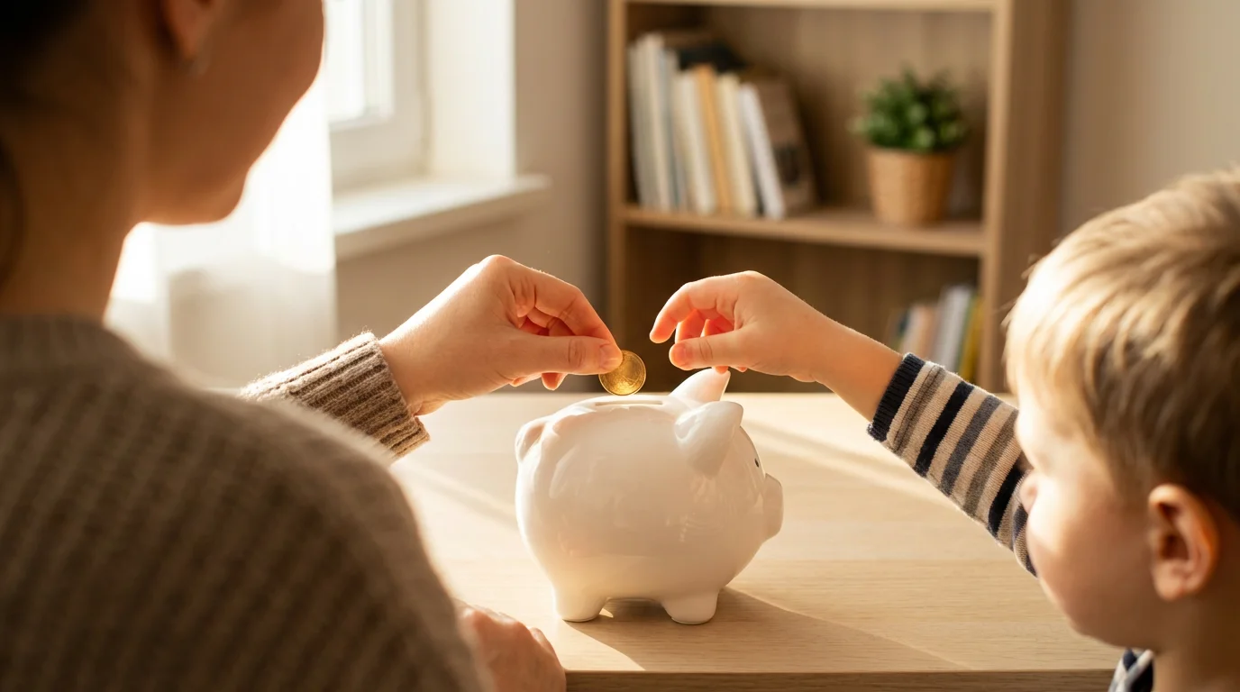 Over-the-shoulder view of a parent helping a child put a coin into a piggy bank.