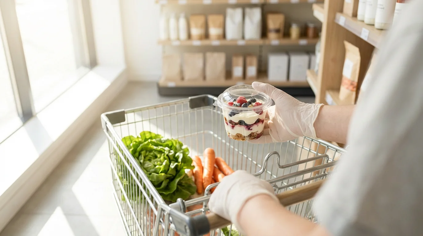 Over-the-shoulder view of a person adding an impulse-buy dessert to their grocery shopping cart.