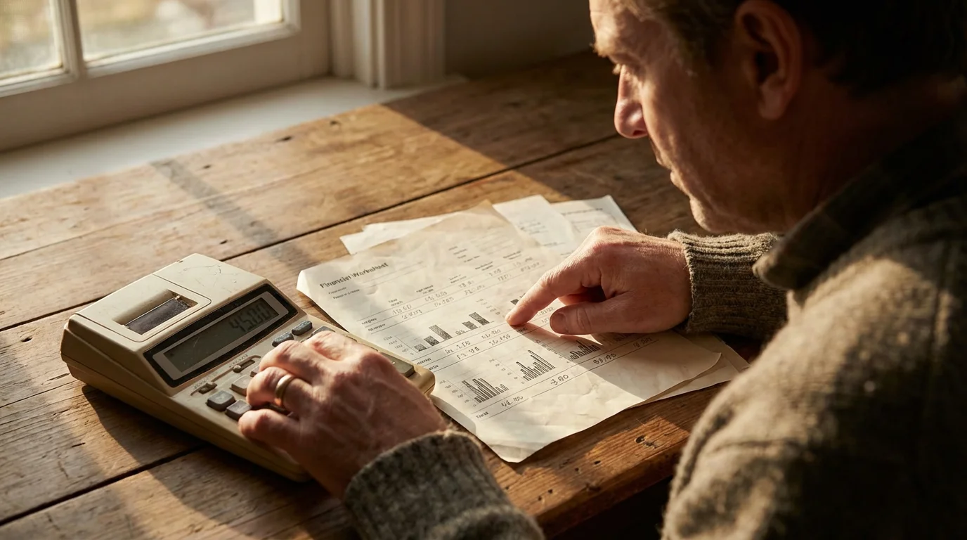 Over-the-shoulder view of a person anxiously reviewing a financial document with a calculator during sunset.