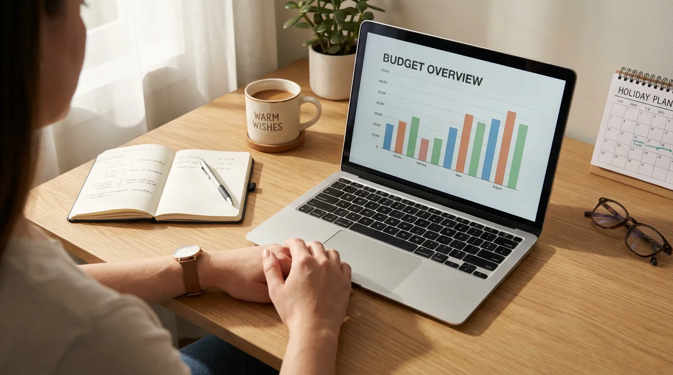 Over-the-shoulder view of a person at a desk with a laptop and notebook, planning their finances.