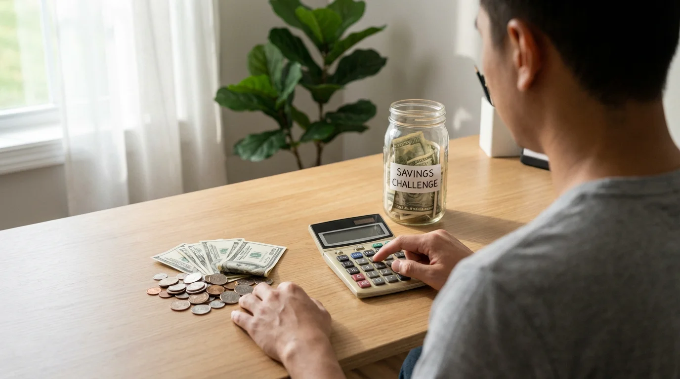 Over-the-shoulder view of a person at a desk calculating savings with a jar of money.
