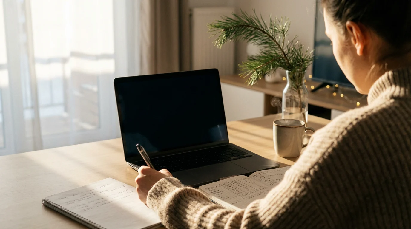 Over-the-shoulder view of a person at a desk with a laptop and notebook, planning finances.