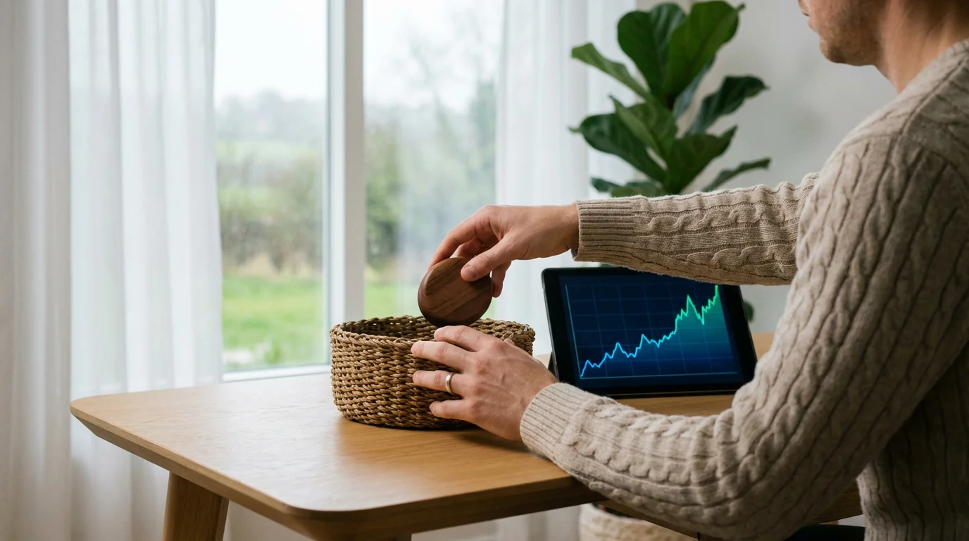 Over-the-shoulder view of a person at a desk adding a token to a basket.