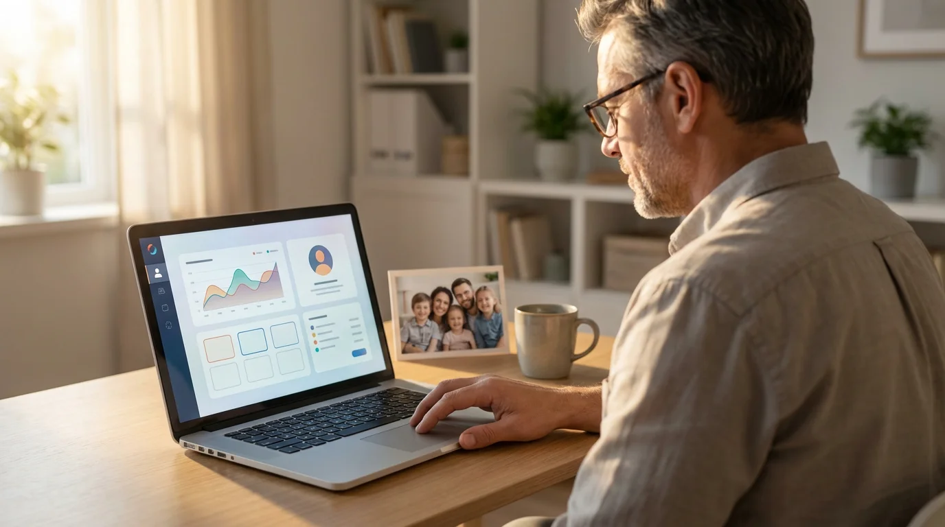 Over-the-shoulder view of a person at a desk updating an account on a laptop.