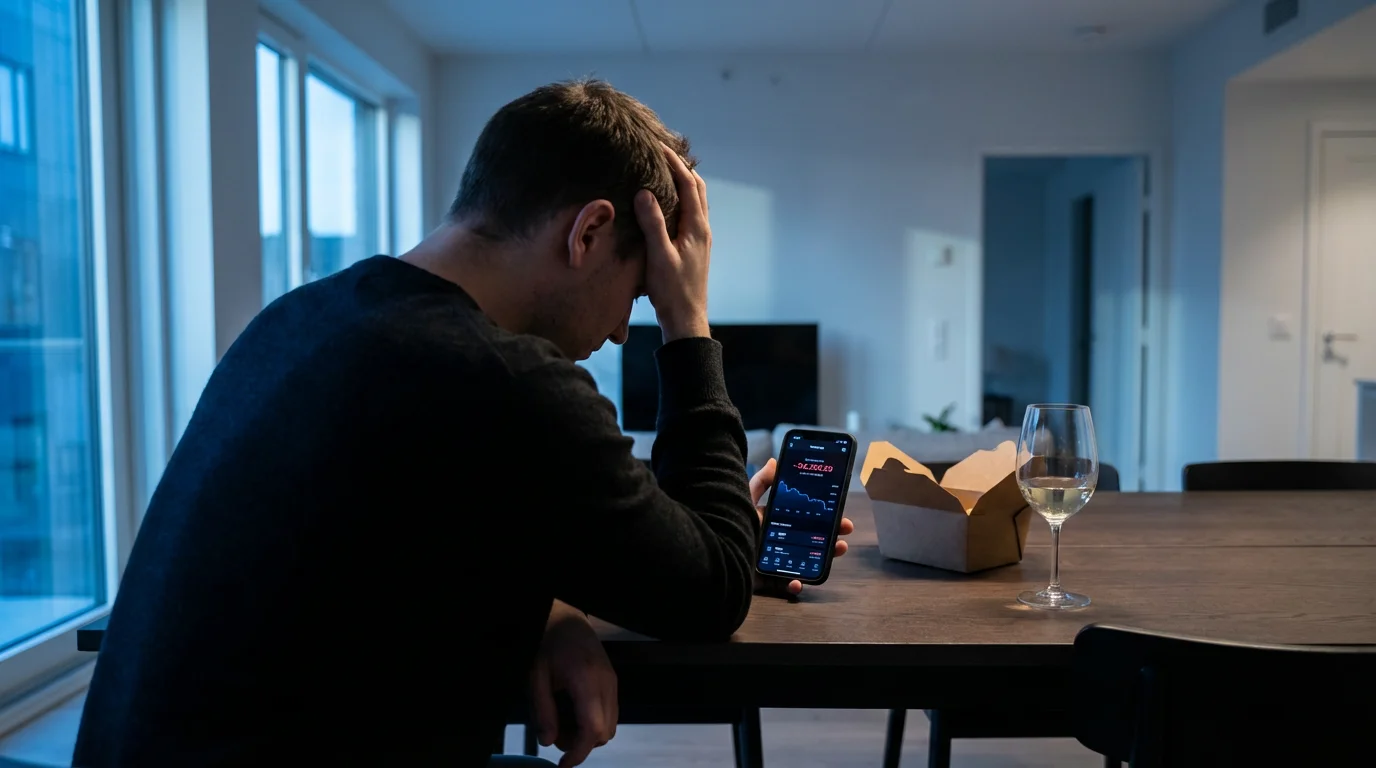 Over-the-shoulder view of a person at a table, looking stressed at their smartphone.
