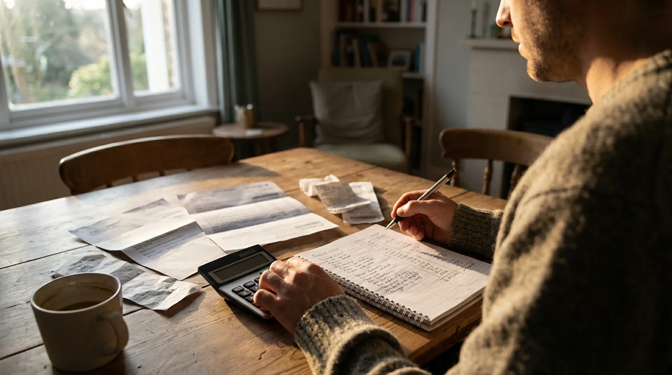 Over-the-shoulder view of a person at a table with a calculator and bank statements.