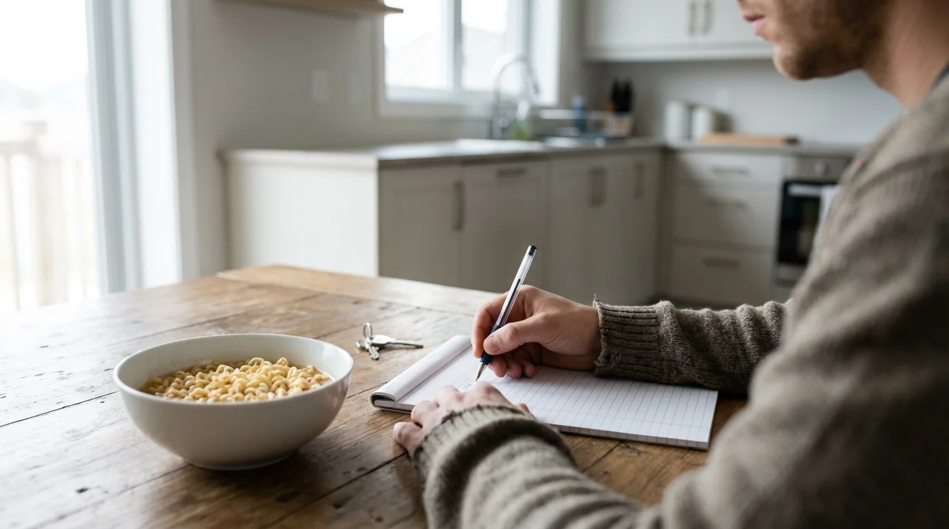 Over-the-shoulder view of a person at a table with a notepad, key, and ramen.