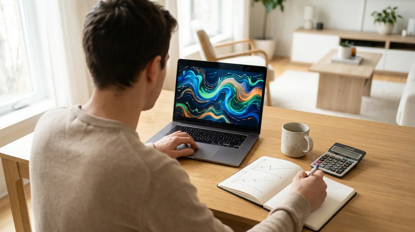 Over-the-shoulder view of a person at a desk managing finances on a laptop.