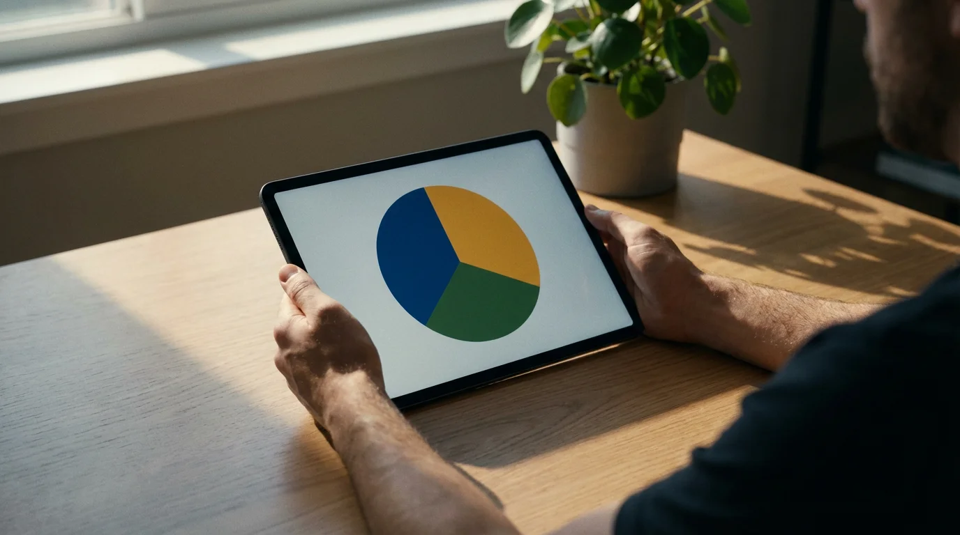 Over-the-shoulder view of a person at a desk planning a budget on a tablet.