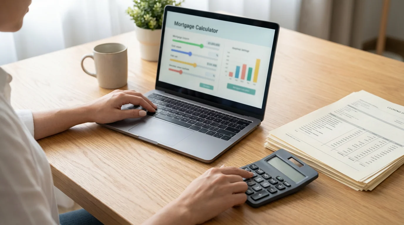 Over-the-shoulder view of a person at a desk planning a home purchase with a laptop and calculator.