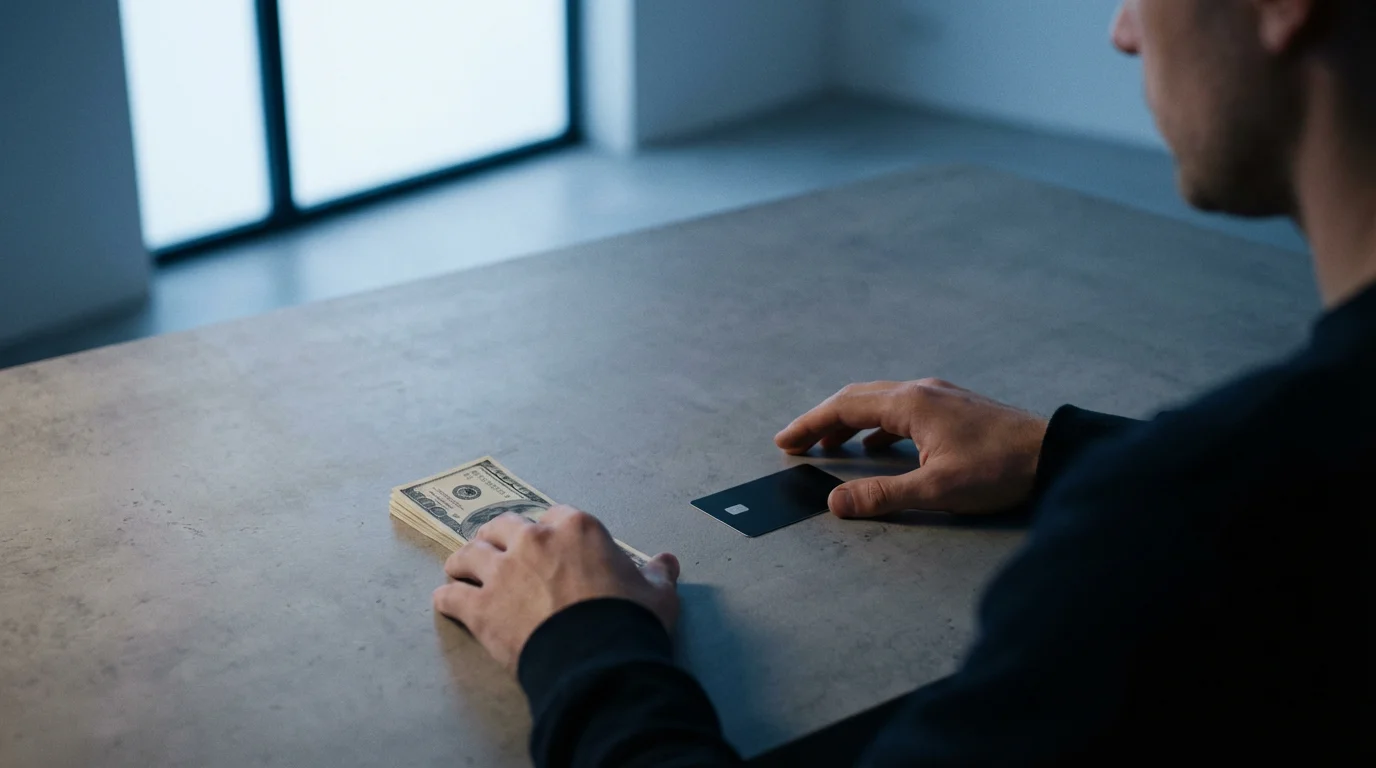 Over-the-shoulder view of a person at a desk choosing between cash and a credit card.