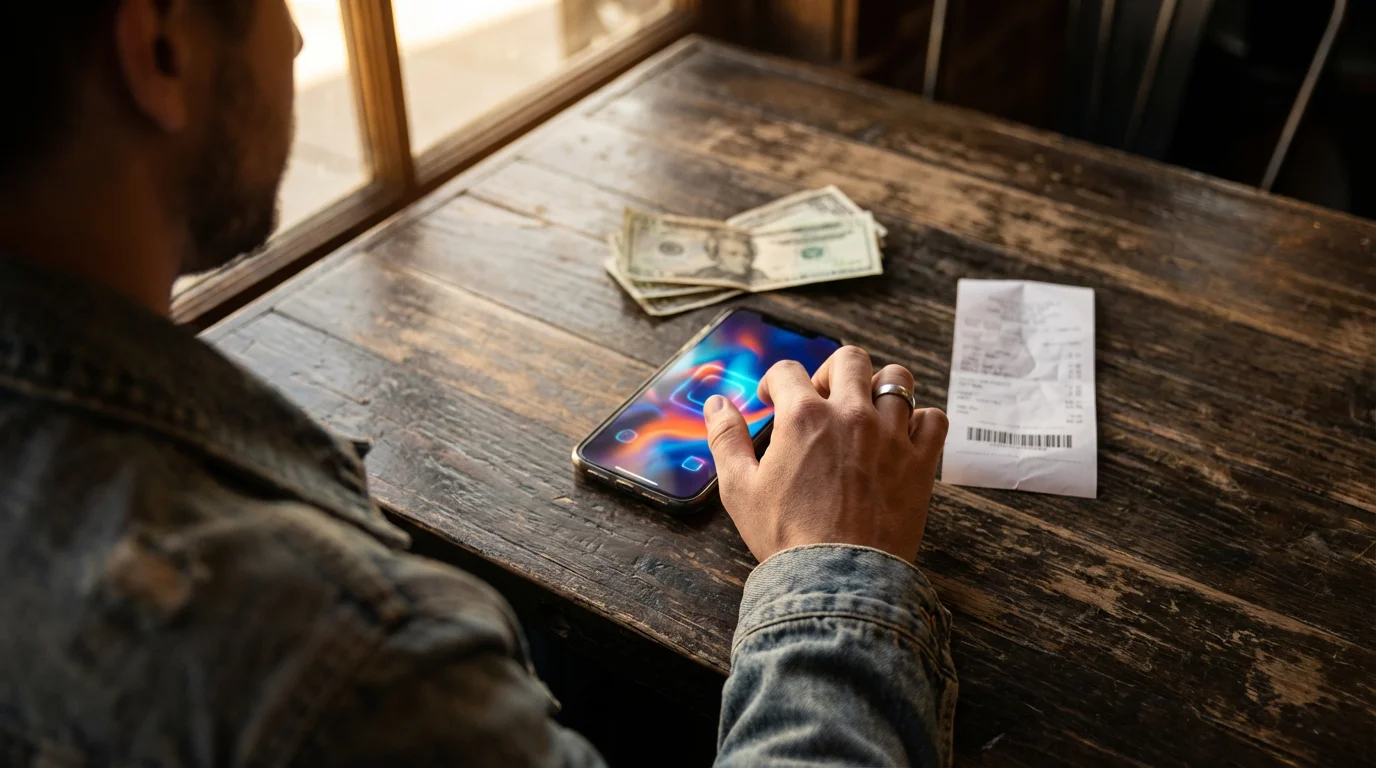 Over-the-shoulder view of a person at a table with a smartphone, cash, and receipt.